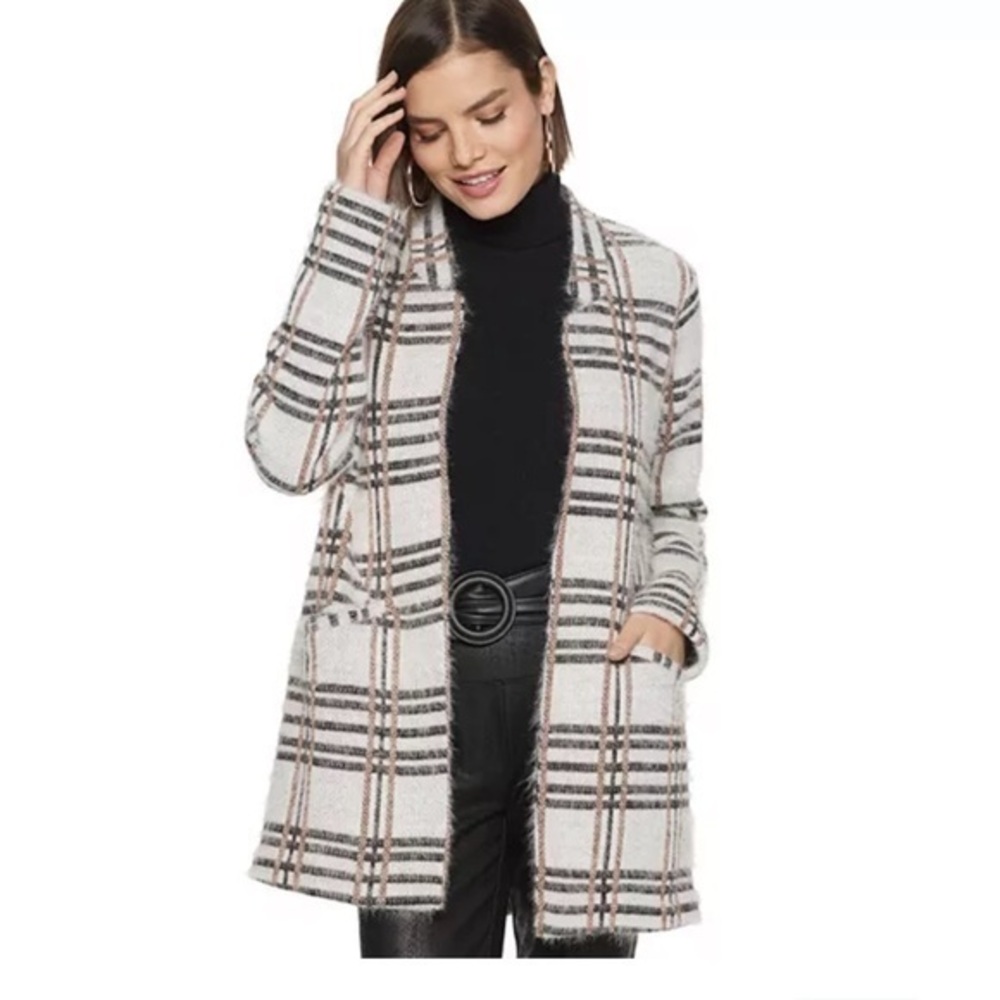 Long open front plaid fluffy mohair CarCoat